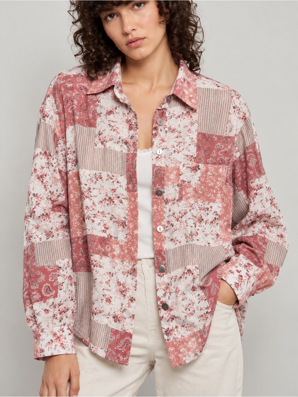 POL Patchwork Floral Paisley Button Down Boho Oversized Blouse Women Size S